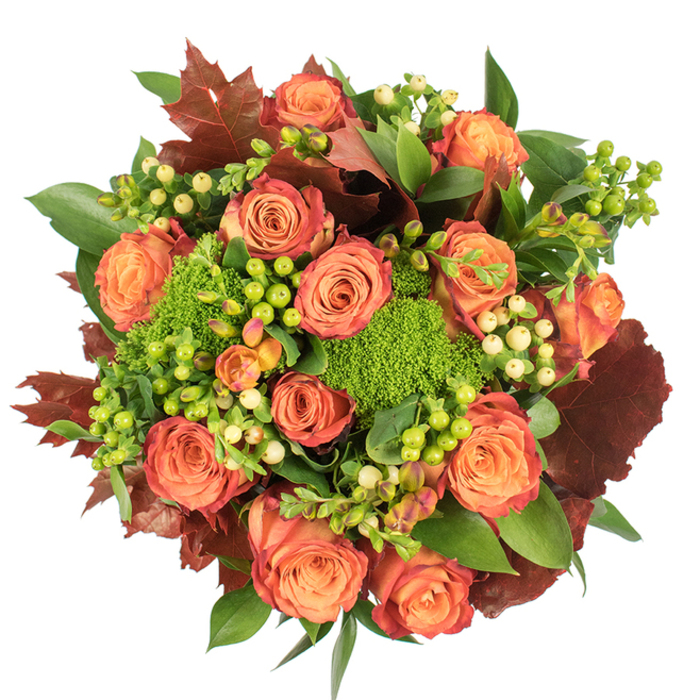 Viewed from above on a stark white background, this densely arranged fall bouquet feels like a small harvest basket captured in floral form by an experienced Blackfriars florist. The design centres on many large roses, each bloom revealing a gently fading palette from warm peach at its heart to coral-orange and finally a russet-tinged outer petal - the kind of subtle colour shift you notice in the trees along Blackfriars Bridge as autumn deepens. Interspersed with the roses are rounded, velvety clusters of Green Trick dianthus that resemble tiny tufts of bright moss, a tactile foil to the smooth, satiny rose petals. Accents of Hypericum berries - some a zingy lime green, others a soft creamy yellow - introduce playful contrast and small reflective surfaces that catch the eye. The foliage palette includes glossy fresh greens for fullness and larger, lobed leaves in deep burgundy and burnt orange that anchor the arrangement and reinforce its seasonal identity. There's a gentle interplay of textures: the roses' velvet, the dianthus' plush density, the berries' firmness and the leaves' papery rustle, evoking the scent of a cool riverside walk with a faint rose perfume and earthy undertones. This bouquet, created with the care and local knowledge of Florist Blackfriars, suits Thanksgiving tables, autumn weddings, or a heartfelt seasonal gift delivered across Blackfriars, Southwark, and nearby Temple.